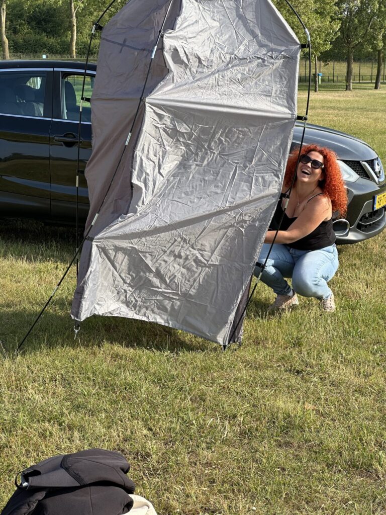 Melissa setting up the changing tent
